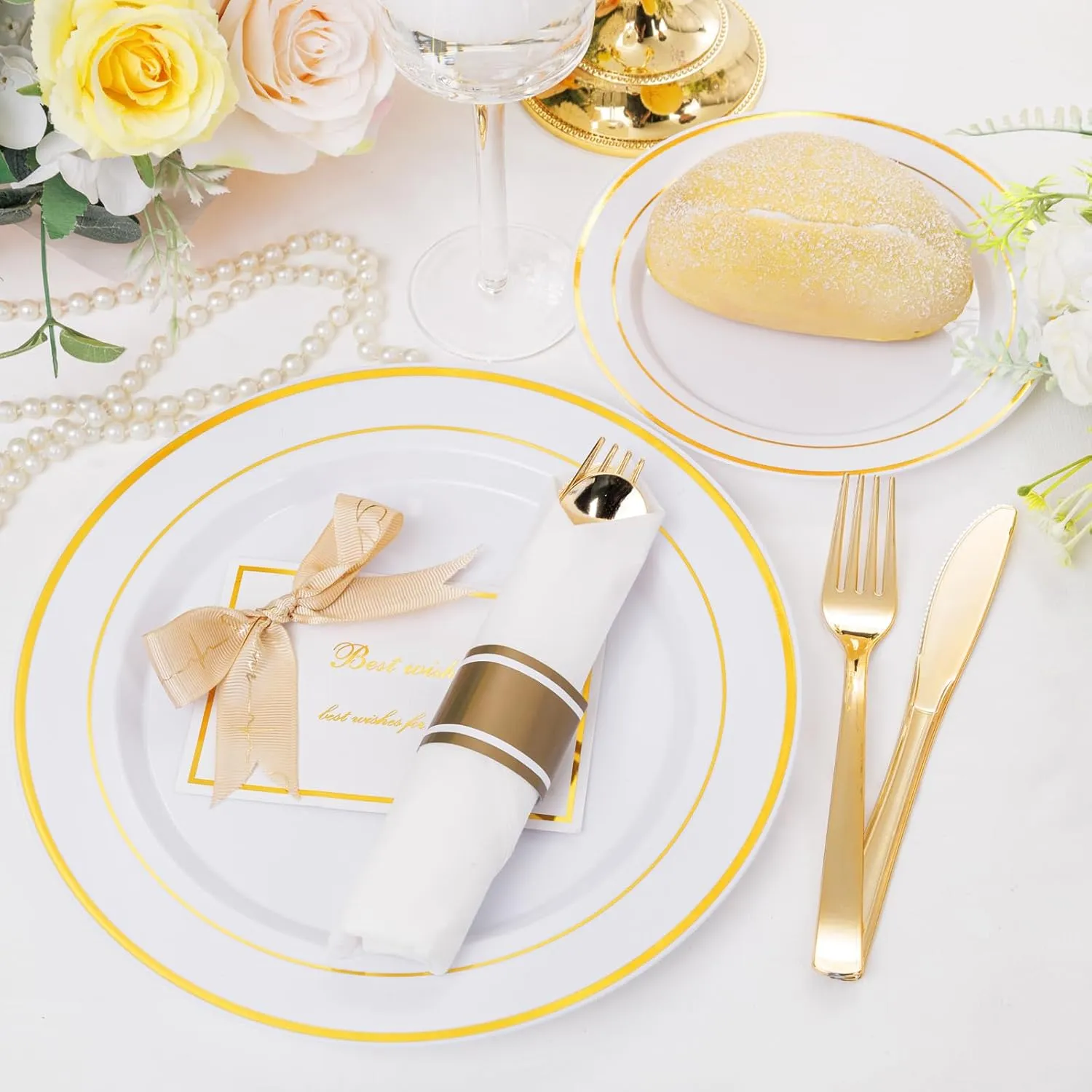 DaYammi 210PCS Gold Plastic Dinnerware Set for 30 Guests, Fancy Disposable Plates for Party, Include: 30 Dinner Plates, 30 Dessert Plates, 30 Pre Rolled Napkins with Gold Silverware, 30 Cups