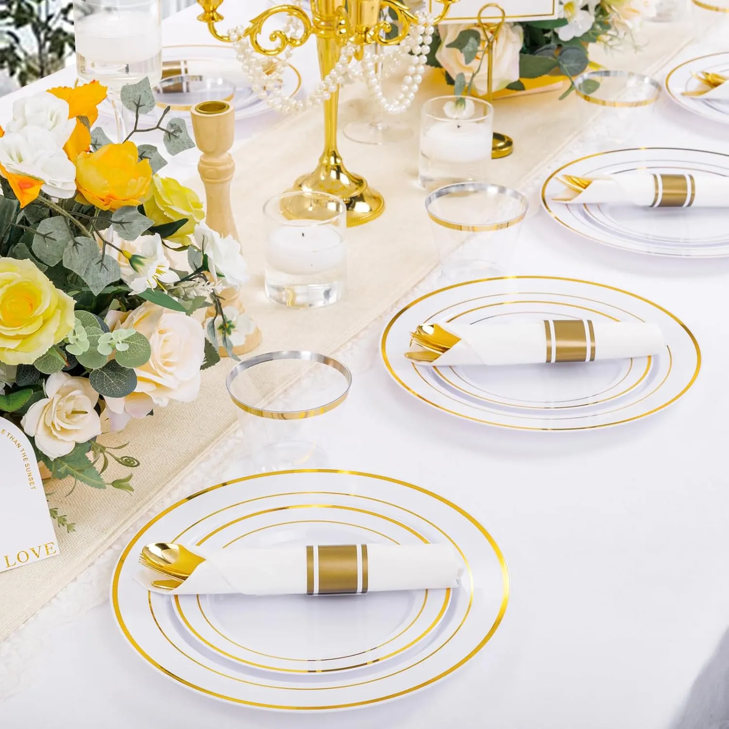 DaYammi 210PCS Gold Plastic Dinnerware Set for 30 Guests, Fancy Disposable Plates for Party, Include: 30 Dinner Plates, 30 Dessert Plates, 30 Pre Rolled Napkins with Gold Silverware, 30 Cups