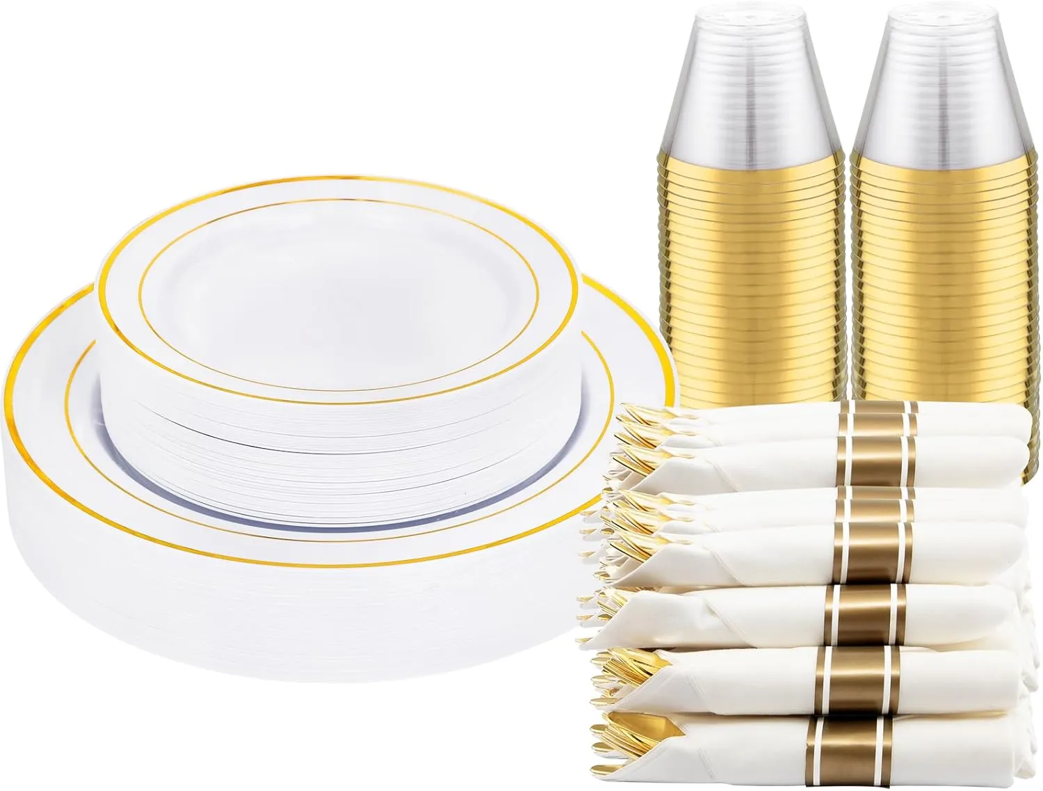 DaYammi 210PCS Gold Plastic Dinnerware Set for 30 Guests, Fancy Disposable Plates for Party, Include: 30 Dinner Plates, 30 Dessert Plates, 30 Pre Rolled Napkins with Gold Silverware, 30 Cups