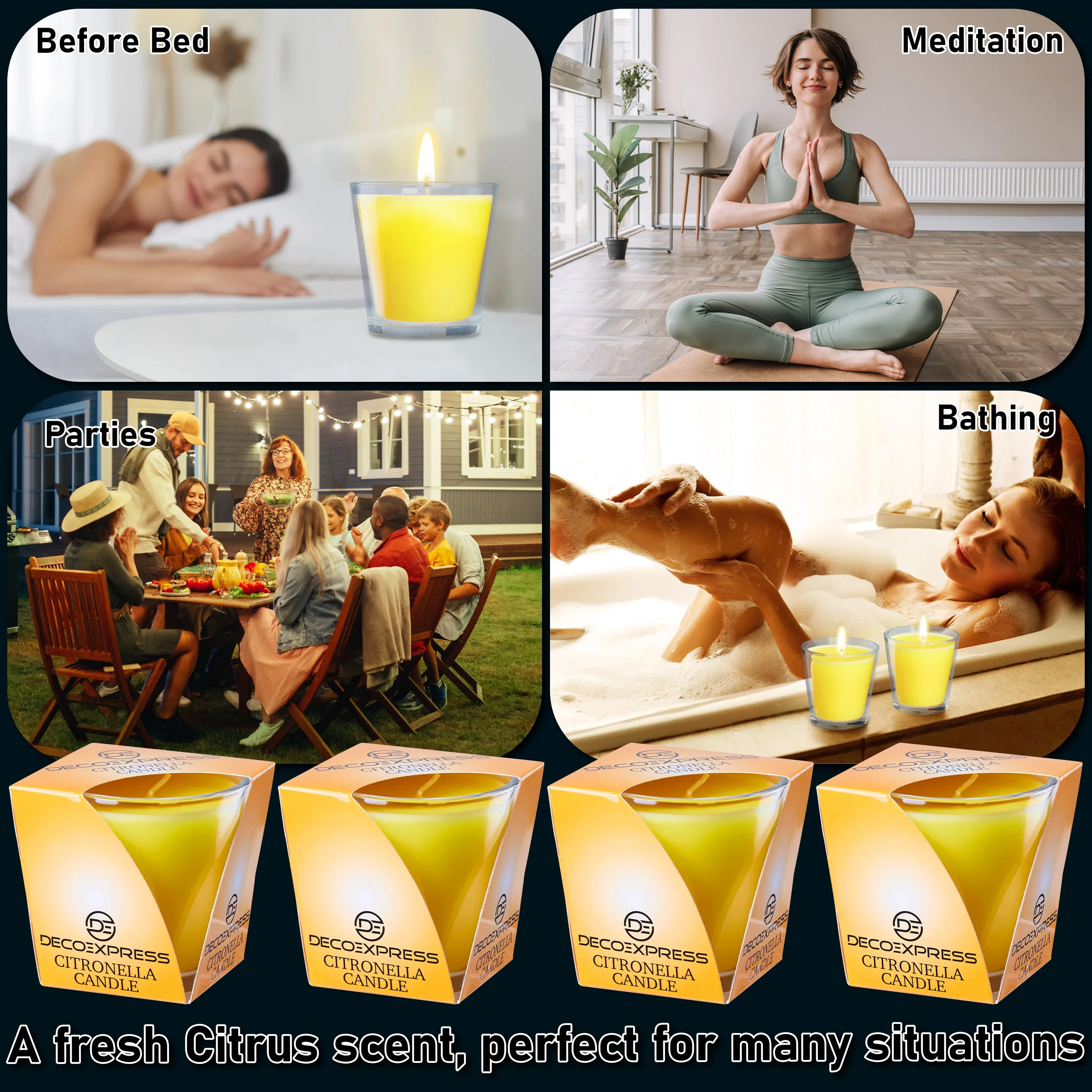 Deco Express Citronella Candle Set, Insect Repellent Jar Candles - Pack of 4/30 Hour Burn Time