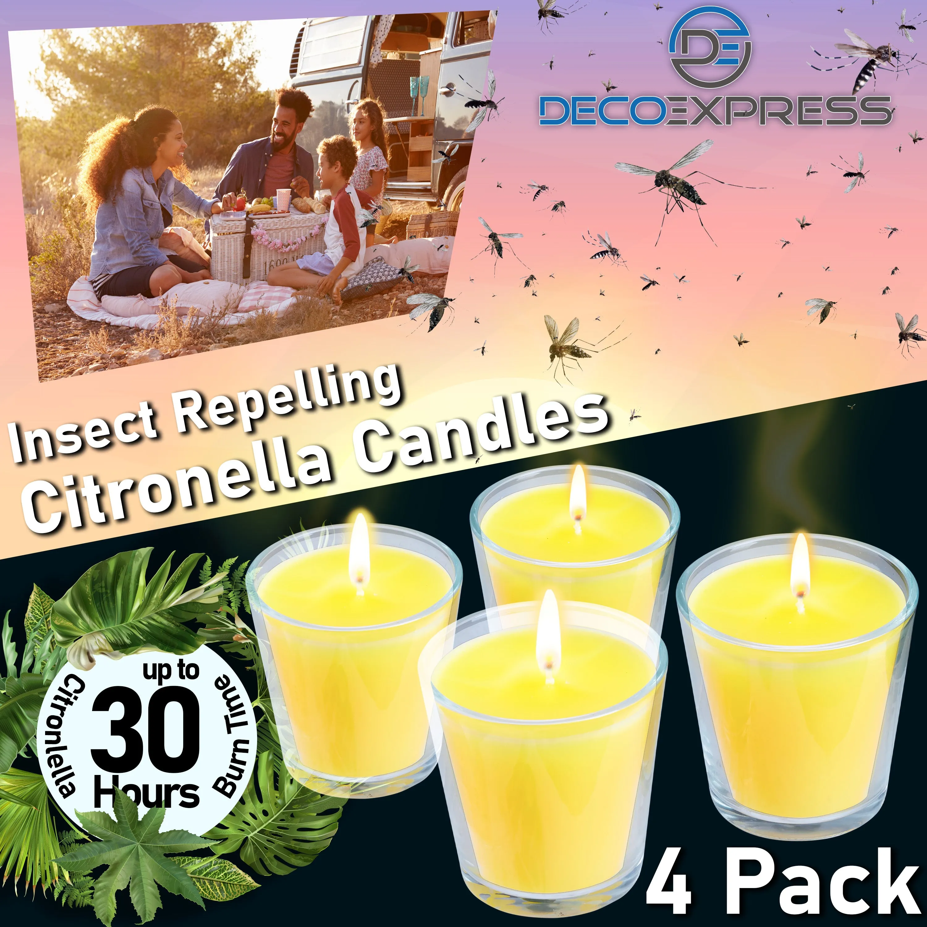 Deco Express Citronella Candle Set, Insect Repellent Jar Candles - Pack of 4/30 Hour Burn Time