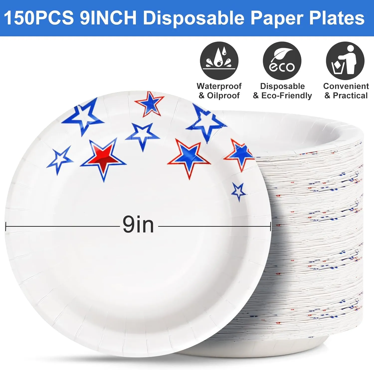 Disposable Paper Plates 9inch,Heavy Duty Party Plates 150 Count, Cut-Proof Paper Plates for Daily Use,Independence Day,Parties and Gatherings, Star Pattern Rim Design