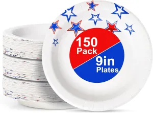 Disposable Paper Plates 9inch,Heavy Duty Party Plates 150 Count, Cut-Proof Paper Plates for Daily Use,Independence Day,Parties and Gatherings, Star Pattern Rim Design