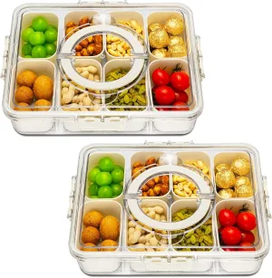 Divided Serving Tray with Lid and Handle,8 Compartments Snacks Box,Snack Fruit Tray,Veggie Tray,Portable Platter for Candy Fruits Nuts Snack Party Entertaining Picnic(2 PCS)