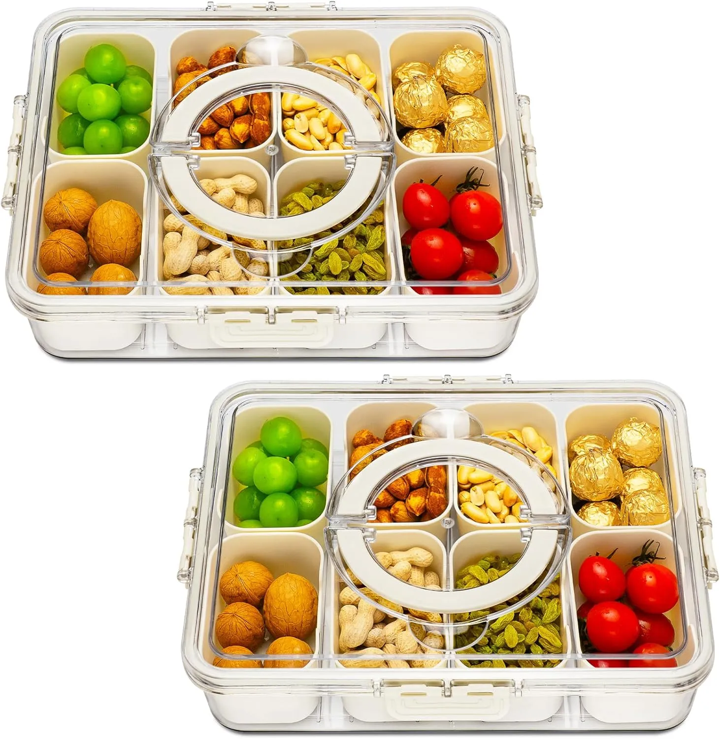 Divided Serving Tray with Lid and Handle,8 Compartments Snacks Box,Snack Fruit Tray,Veggie Tray,Portable Platter for Candy Fruits Nuts Snack Party Entertaining Picnic(2 PCS)
