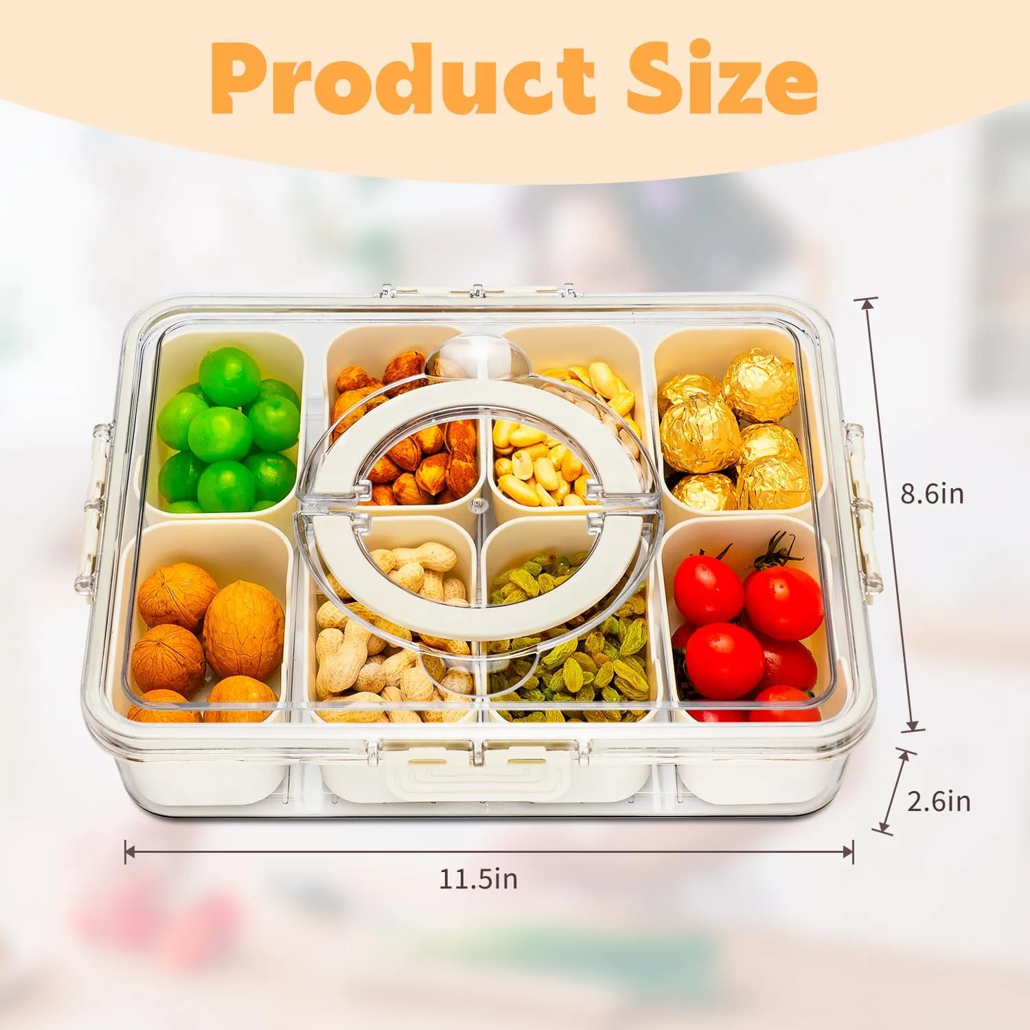 Divided Serving Tray with Lid and Handle,8 Compartments Snacks Box,Snack Fruit Tray,Veggie Tray,Portable Platter for Candy Fruits Nuts Snack Party Entertaining Picnic(2 PCS)