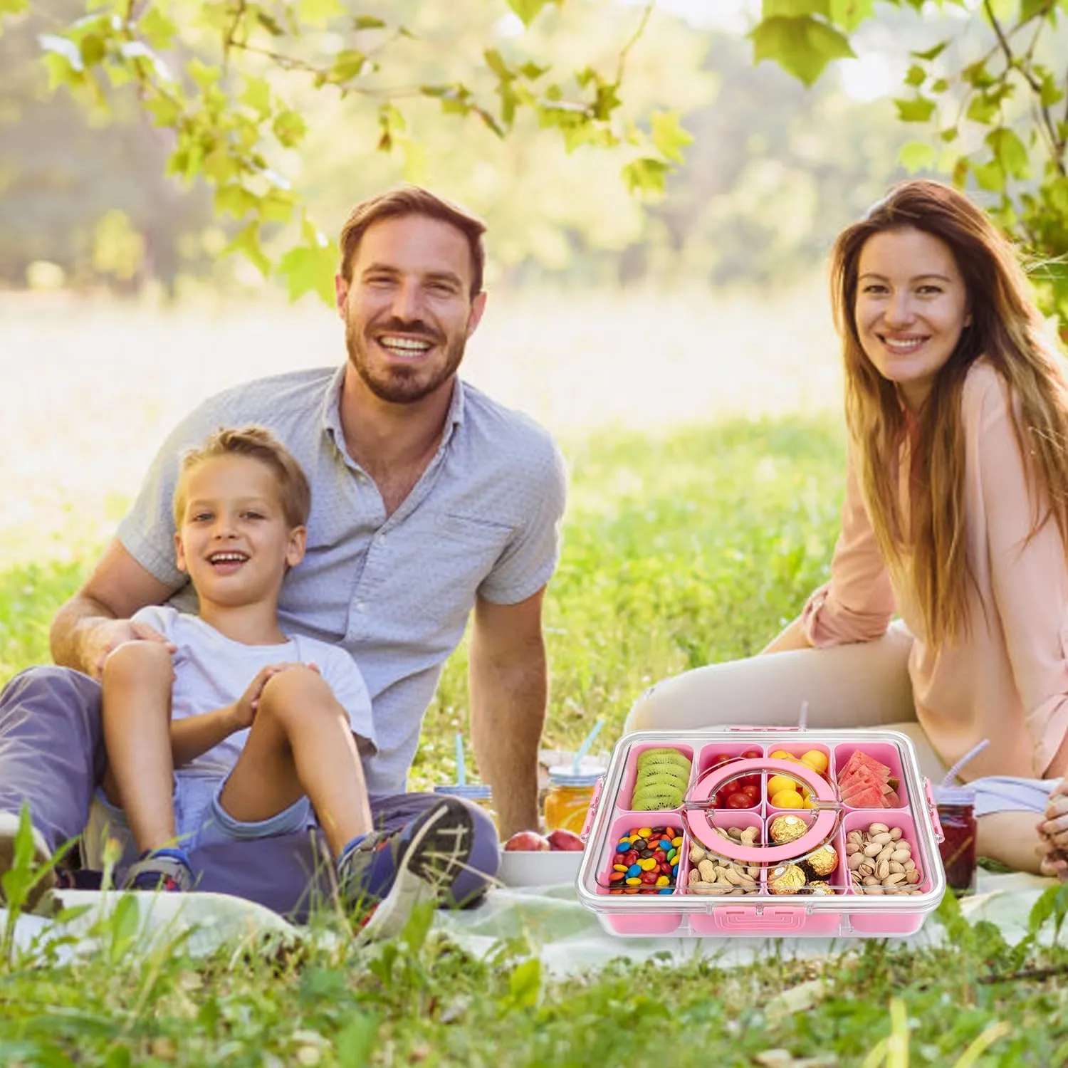 Divided Serving Tray with Lid and Handle,8 Compartments Snacks Box,Snack Fruit Tray,Veggie Tray,Portable Platter for Candy Fruits Nuts Snack Party Entertaining Picnic