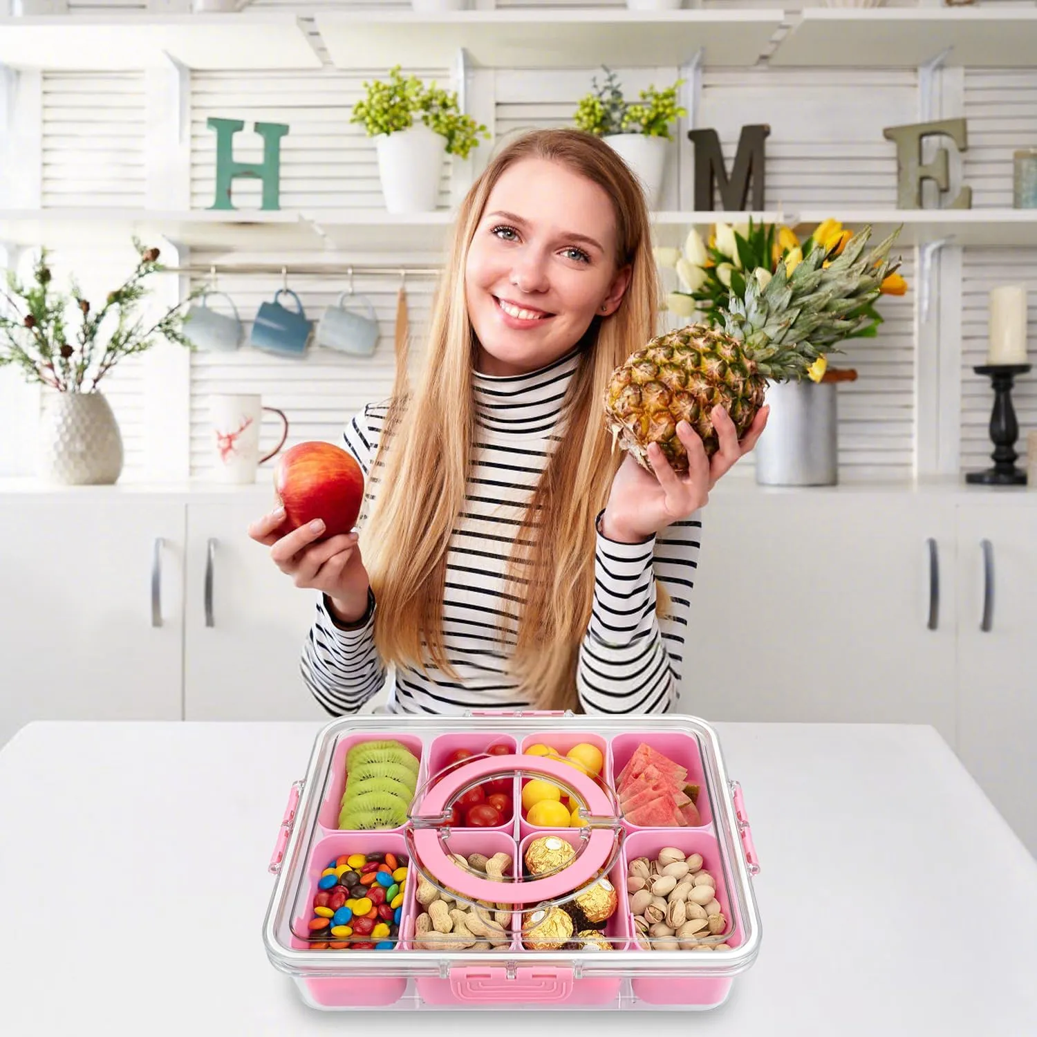 Divided Serving Tray with Lid and Handle,8 Compartments Snacks Box,Snack Fruit Tray,Veggie Tray,Portable Platter for Candy Fruits Nuts Snack Party Entertaining Picnic