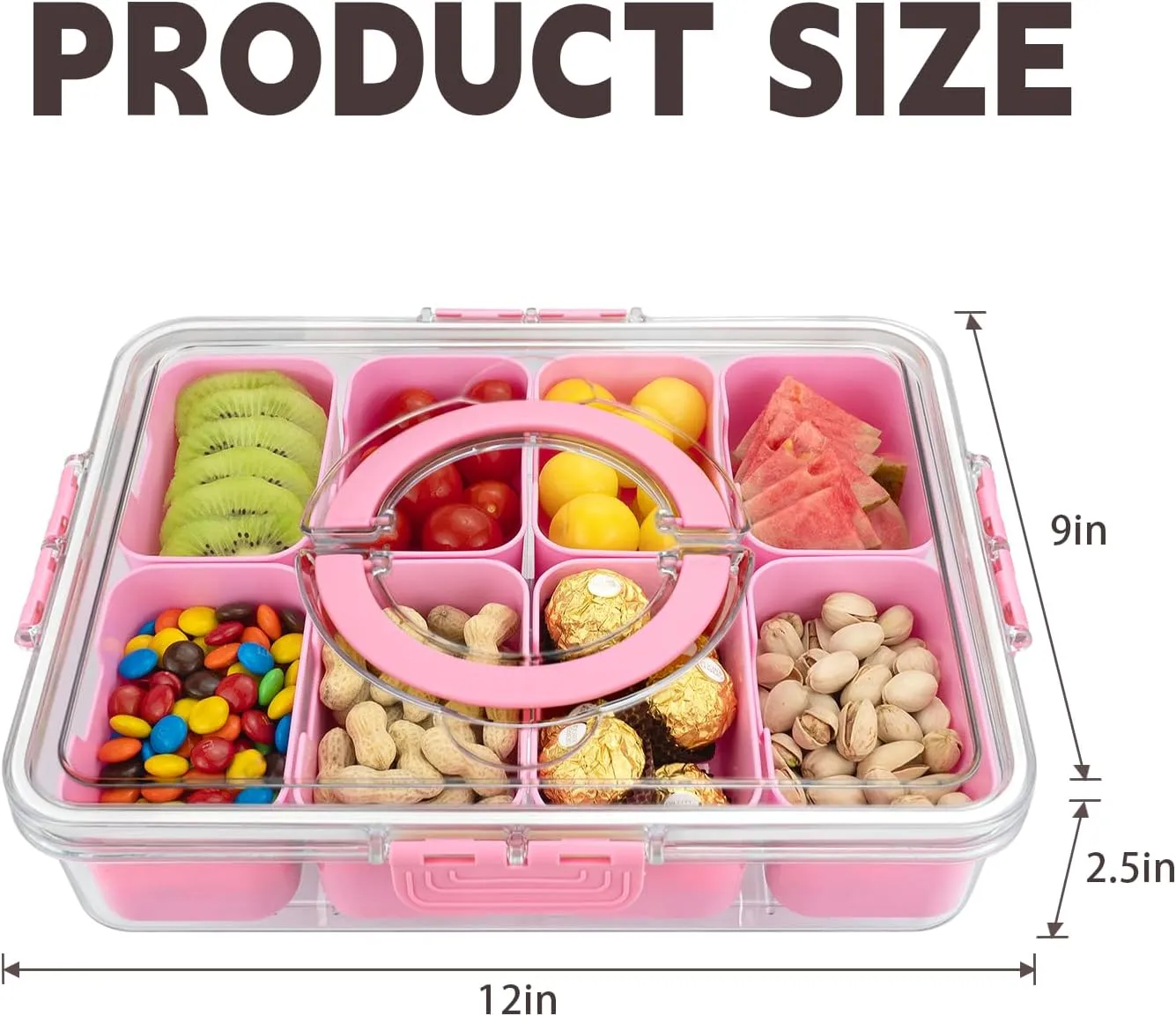 Divided Serving Tray with Lid and Handle,8 Compartments Snacks Box,Snack Fruit Tray,Veggie Tray,Portable Platter for Candy Fruits Nuts Snack Party Entertaining Picnic