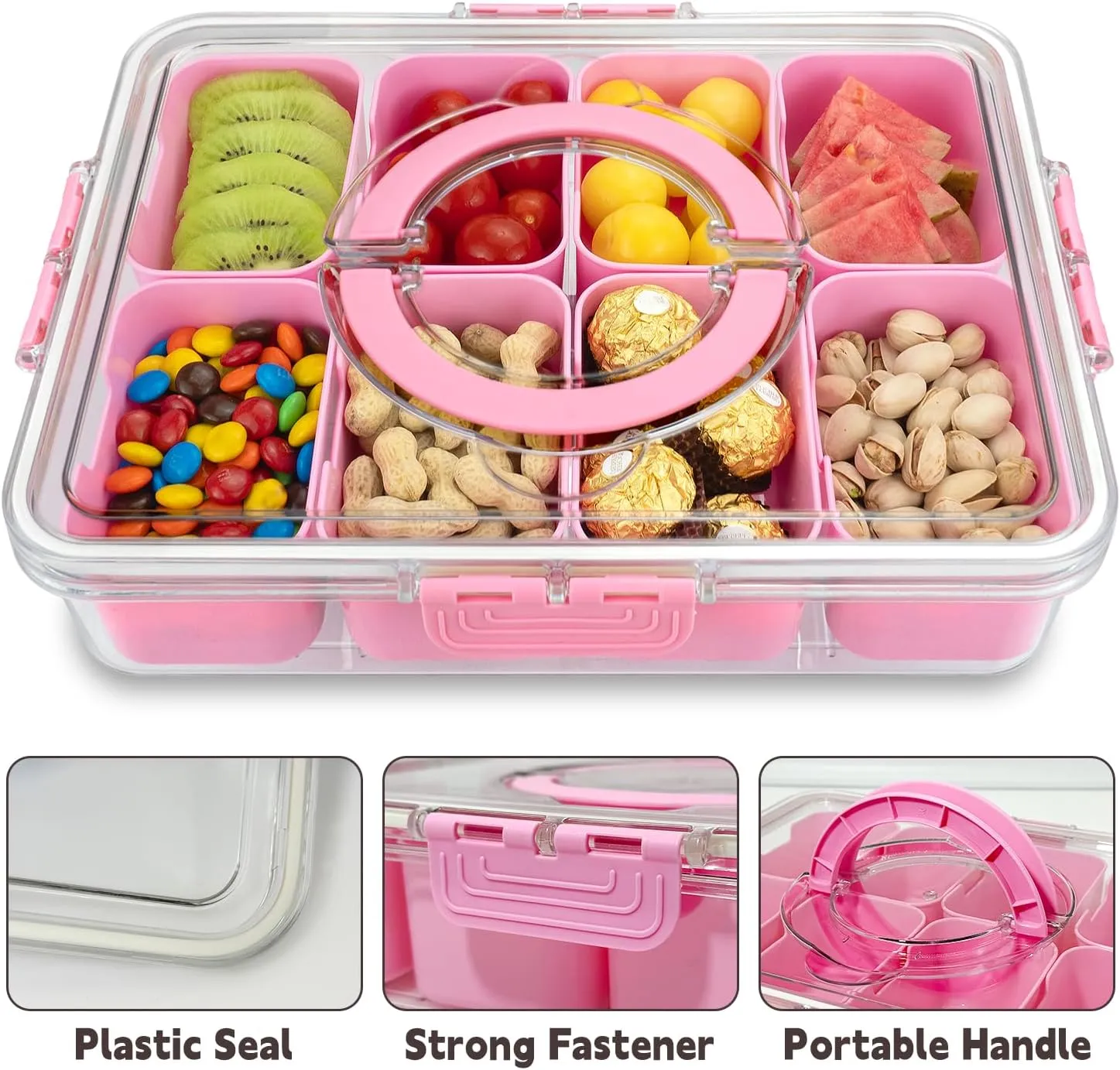 Divided Serving Tray with Lid and Handle,8 Compartments Snacks Box,Snack Fruit Tray,Veggie Tray,Portable Platter for Candy Fruits Nuts Snack Party Entertaining Picnic