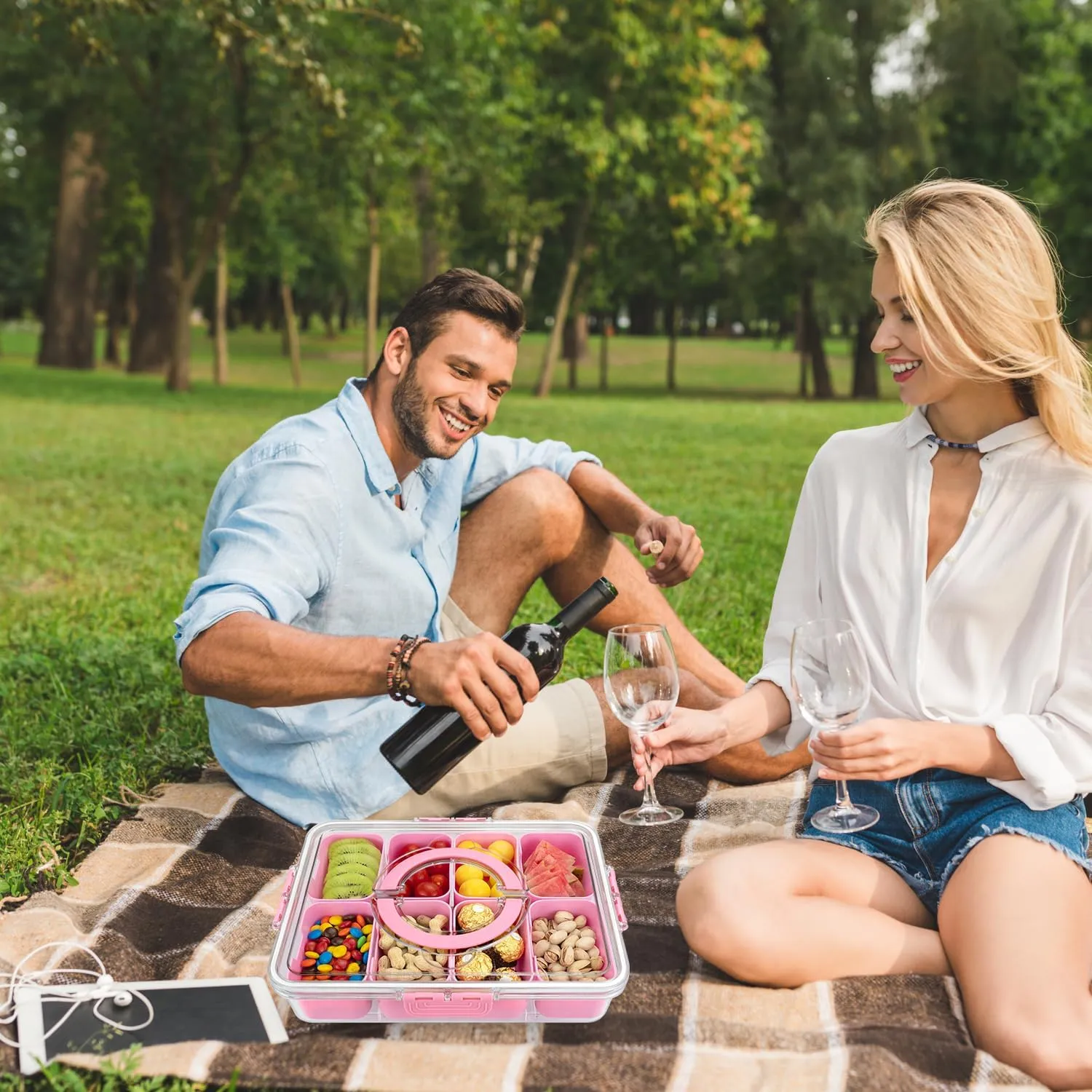 Divided Serving Tray with Lid and Handle,8 Compartments Snacks Box,Snack Fruit Tray,Veggie Tray,Portable Platter for Candy Fruits Nuts Snack Party Entertaining Picnic