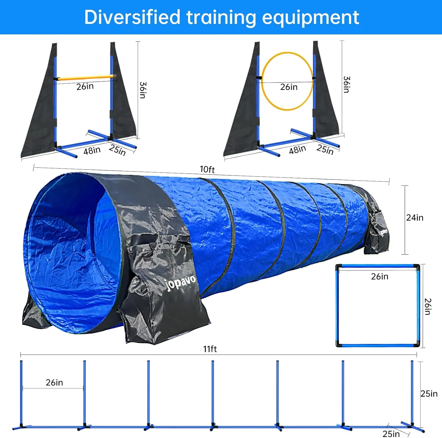 Dog Agility Course Backyard Set:10ft Tunnel with 2 Sandbags,Agility Hurdle,Weave Poles,Jump Ring and Pause Box–JOPAVO-Dog Training Equipment are Fun Obstacle Course & Park Equipment