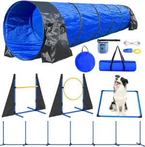 Dog Agility Course Backyard Set:10ft Tunnel with 2 Sandbags,Agility Hurdle,Weave Poles,Jump Ring and Pause Box–JOPAVO-Dog Training Equipment are Fun Obstacle Course & Park Equipment