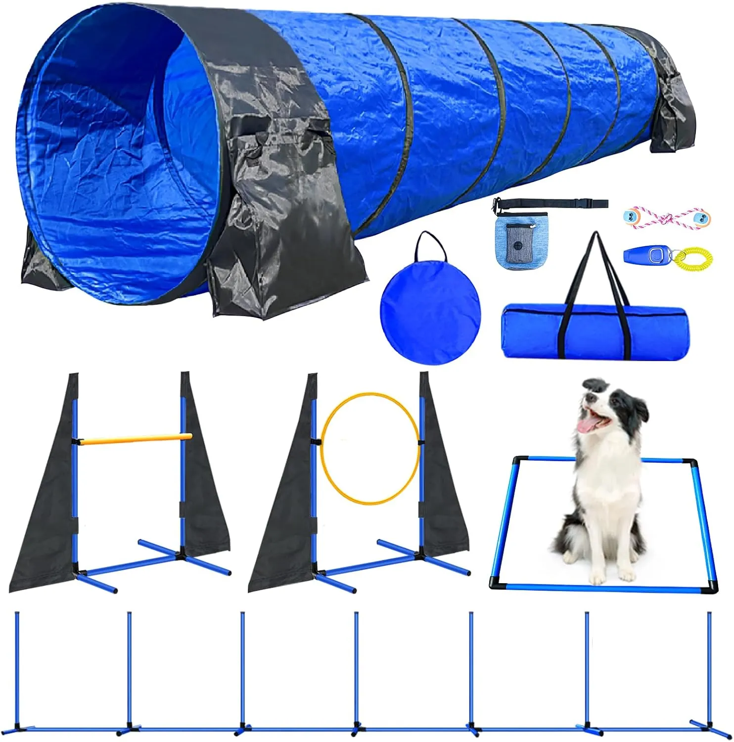 Dog Agility Course Backyard Set:10ft Tunnel with 2 Sandbags,Agility Hurdle,Weave Poles,Jump Ring and Pause Box–JOPAVO-Dog Training Equipment are Fun Obstacle Course & Park Equipment