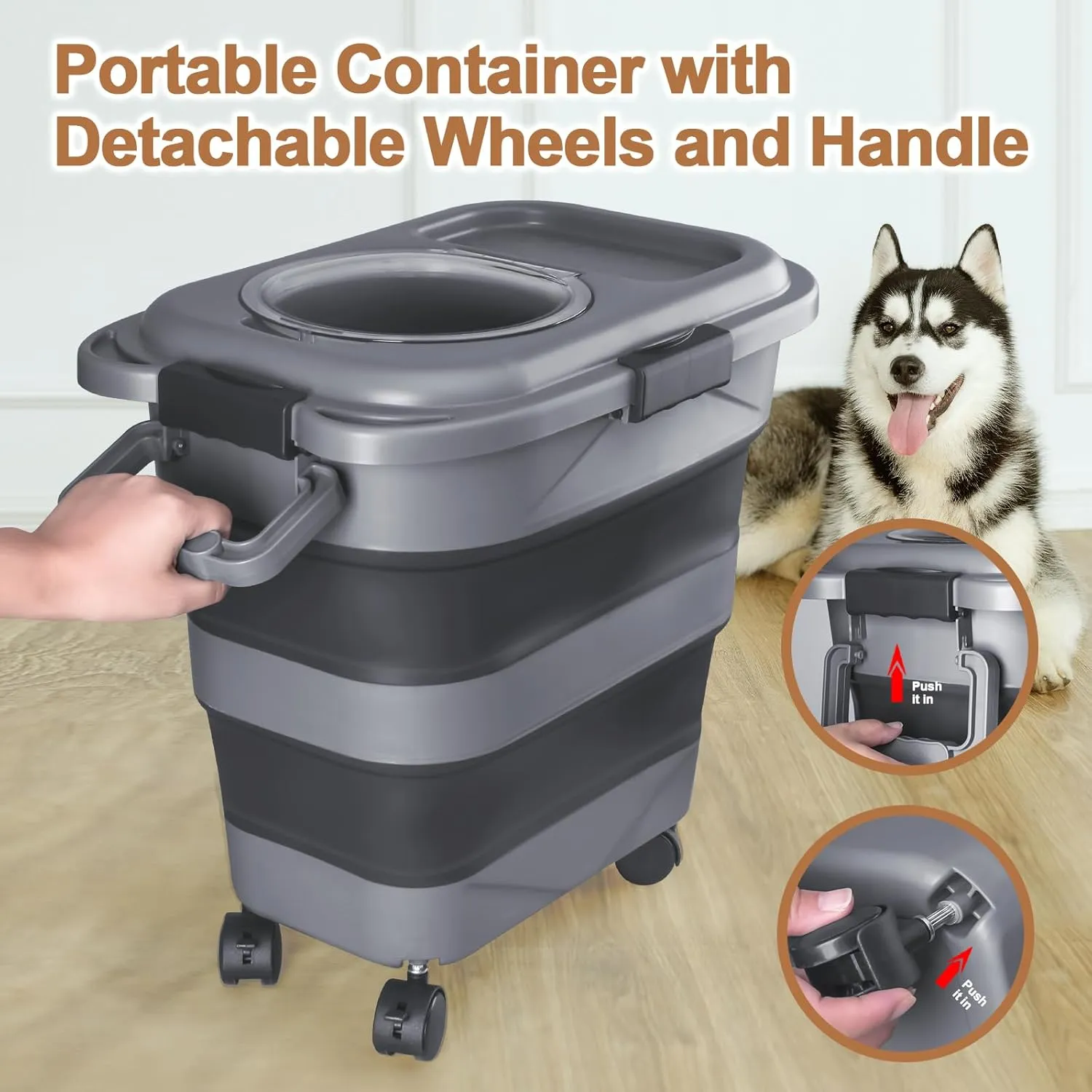 Dog Food Storage Container，10-25 lbs Airtight Collapsible Cat Food Storage Container with Attachable Wheels, Portable Handle, Dog Food Scoop for Dog Cat Bird Pet Dry Food Storage Bin