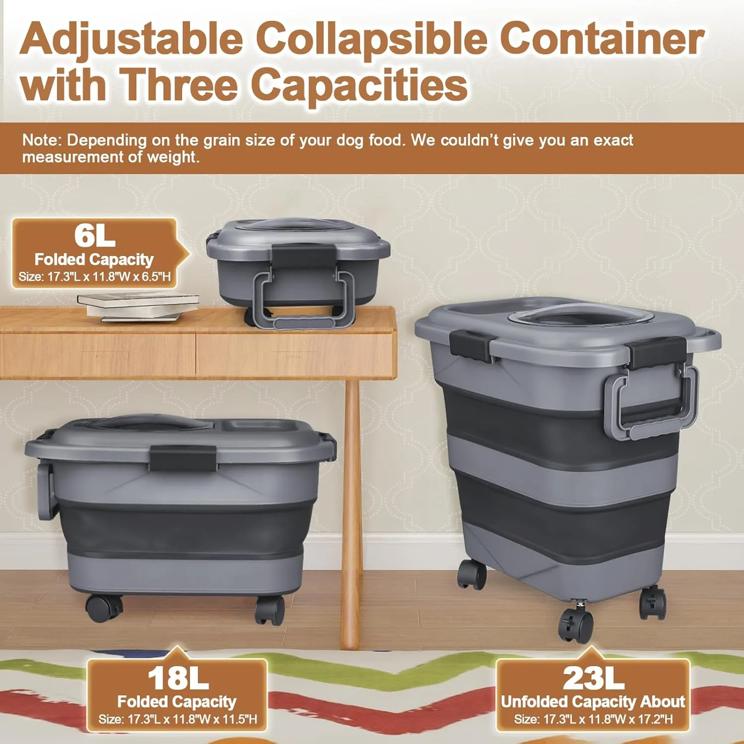 Dog Food Storage Container，10-25 lbs Airtight Collapsible Cat Food Storage Container with Attachable Wheels, Portable Handle, Dog Food Scoop for Dog Cat Bird Pet Dry Food Storage Bin
