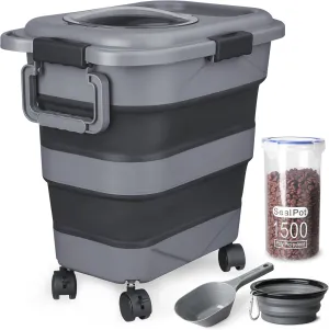 Dog Food Storage Container，10-25 lbs Airtight Collapsible Cat Food Storage Container with Attachable Wheels, Portable Handle, Dog Food Scoop for Dog Cat Bird Pet Dry Food Storage Bin