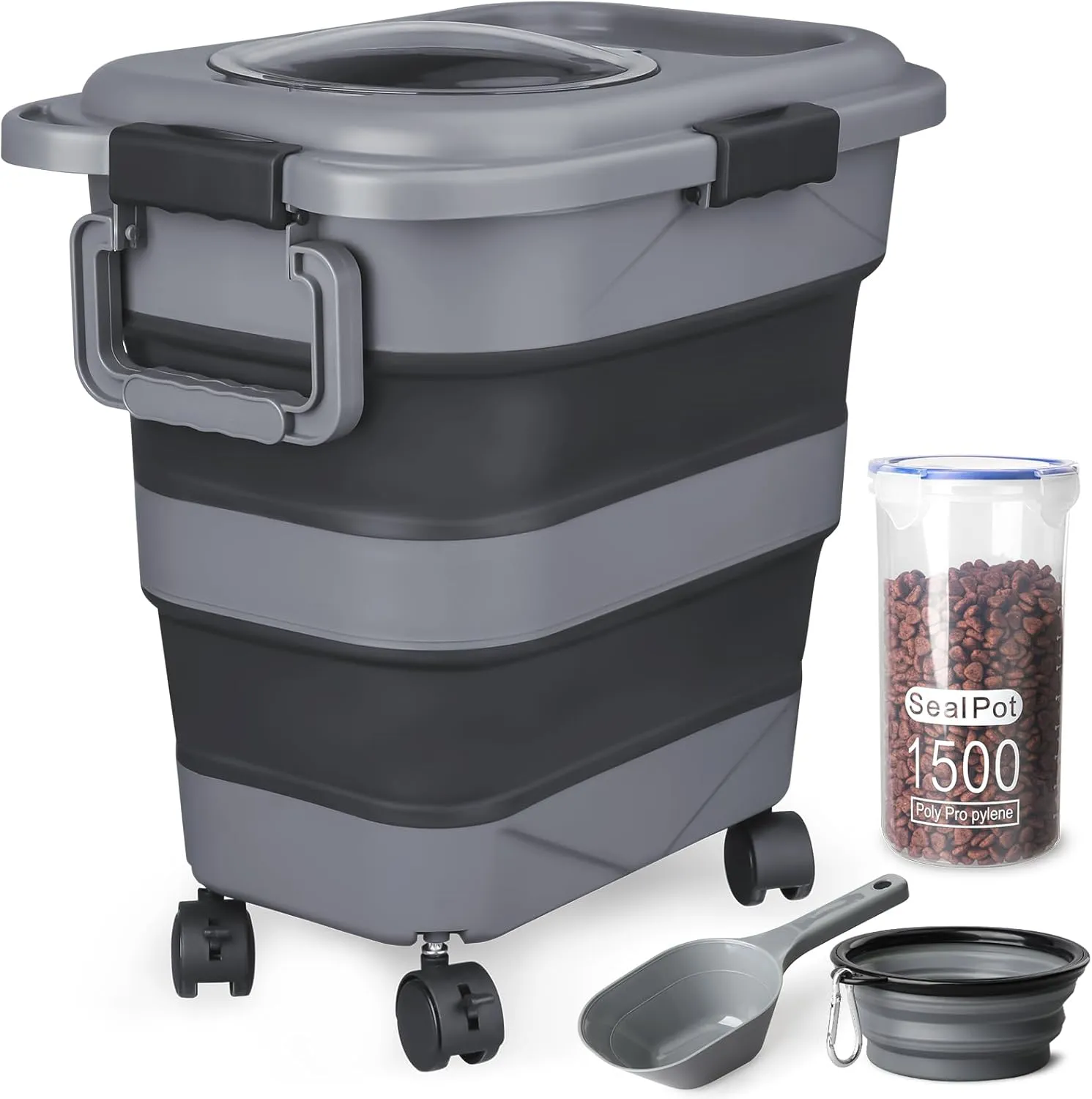 Dog Food Storage Container，10-25 lbs Airtight Collapsible Cat Food Storage Container with Attachable Wheels, Portable Handle, Dog Food Scoop for Dog Cat Bird Pet Dry Food Storage Bin