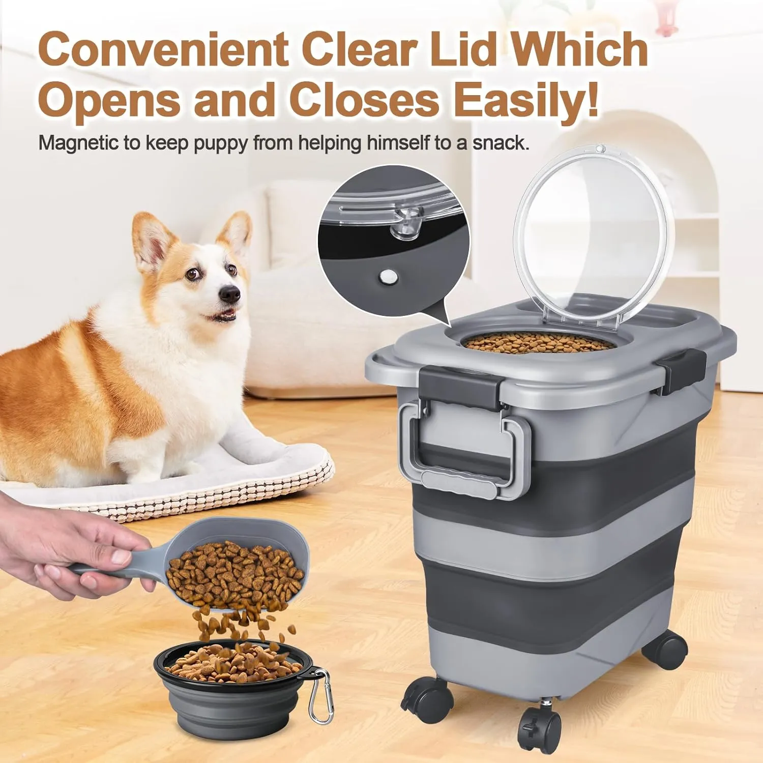 Dog Food Storage Container，10-25 lbs Airtight Collapsible Cat Food Storage Container with Attachable Wheels, Portable Handle, Dog Food Scoop for Dog Cat Bird Pet Dry Food Storage Bin