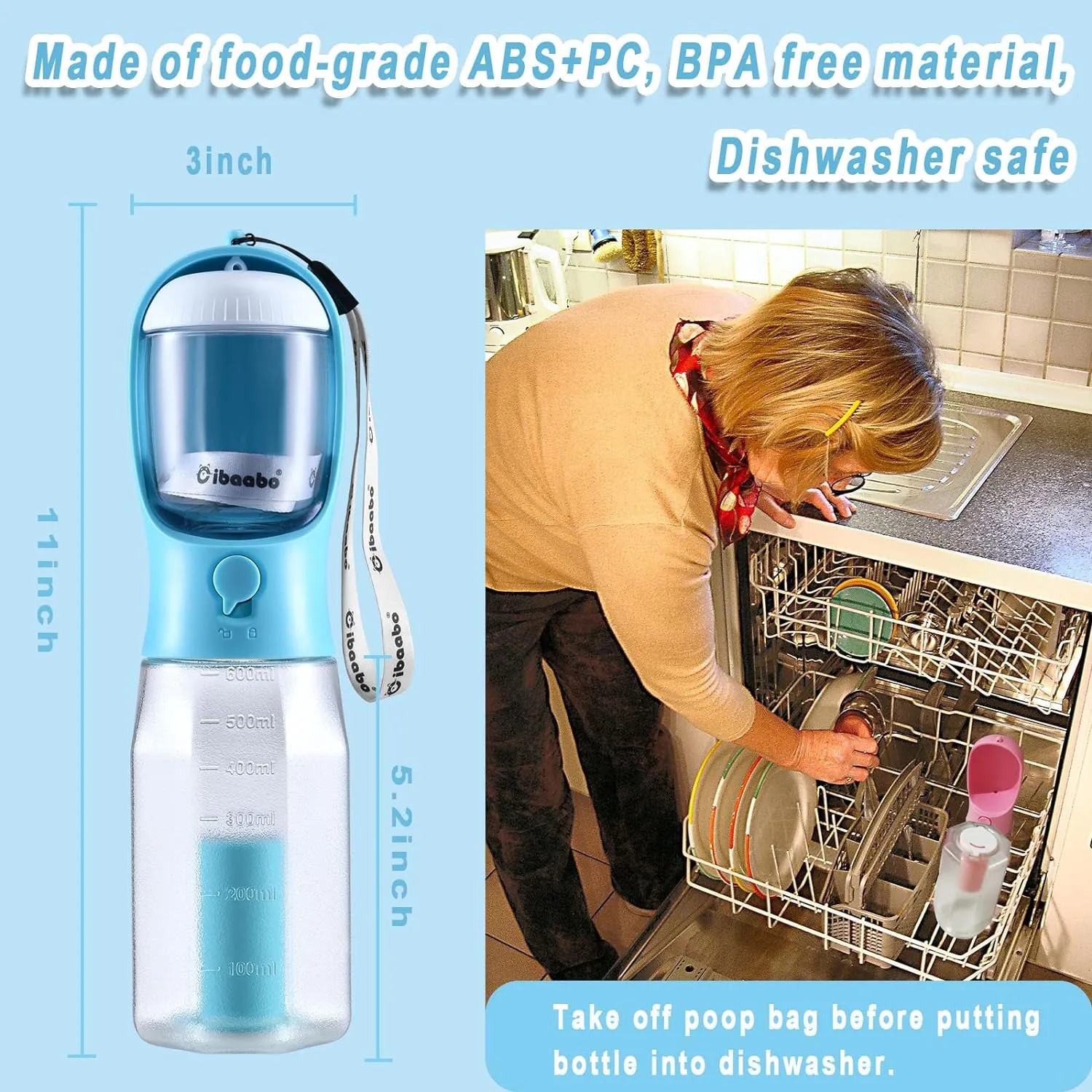 Dog Water Bottle with Food Container & Poop Bag Holder, Travel Water Bowl, Portable Pet Dispenser, Dog Stuff Accessories Items, Puppy Essentials Necessities for Walking Hiking Dog Gift