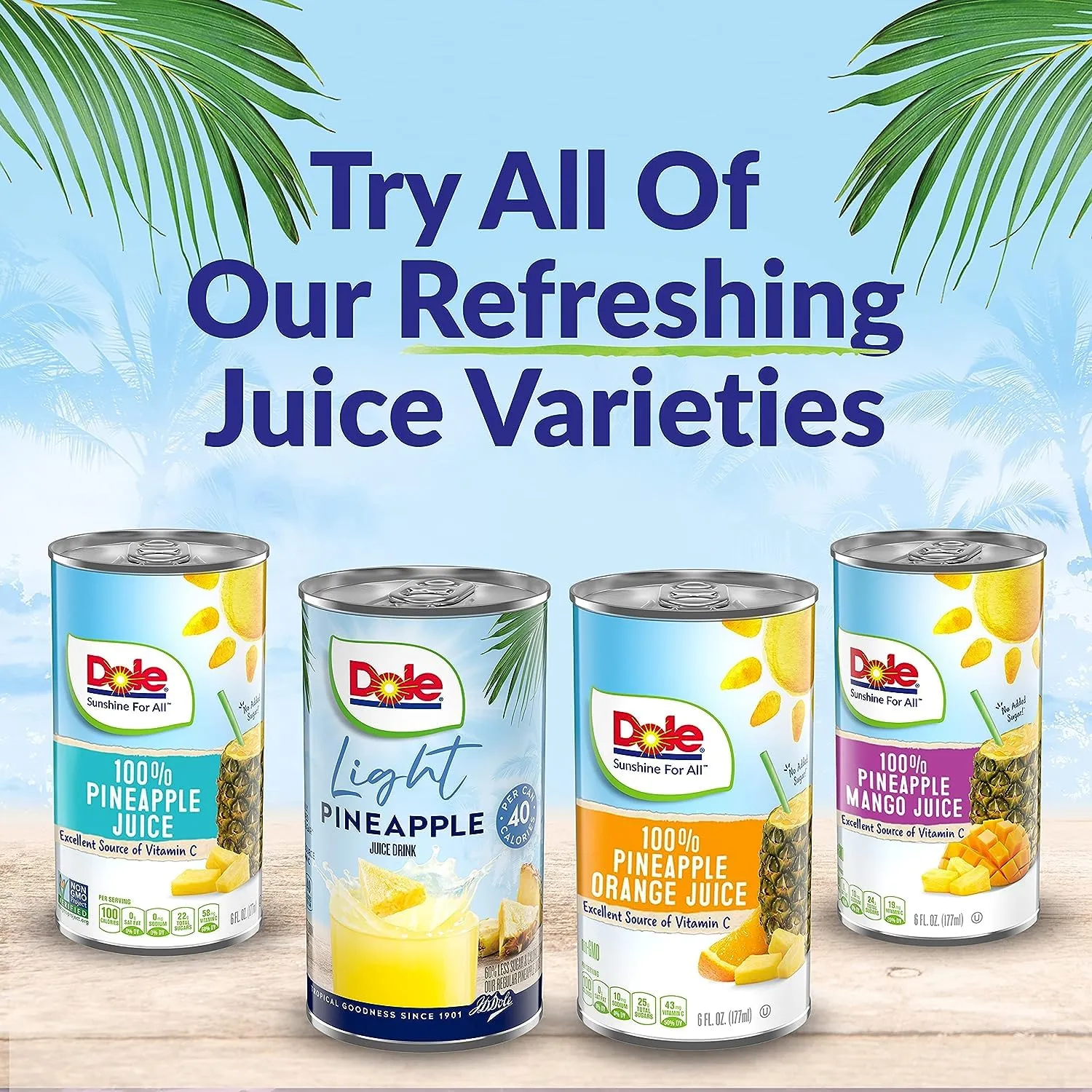 Dole Light Pineapple Juice Drink, No Added Sugar, 40 Calories Per Can, Excellent Source of Vitamin C, 100% Fruit Juice, 6 Fl Oz (Pack of 48)
