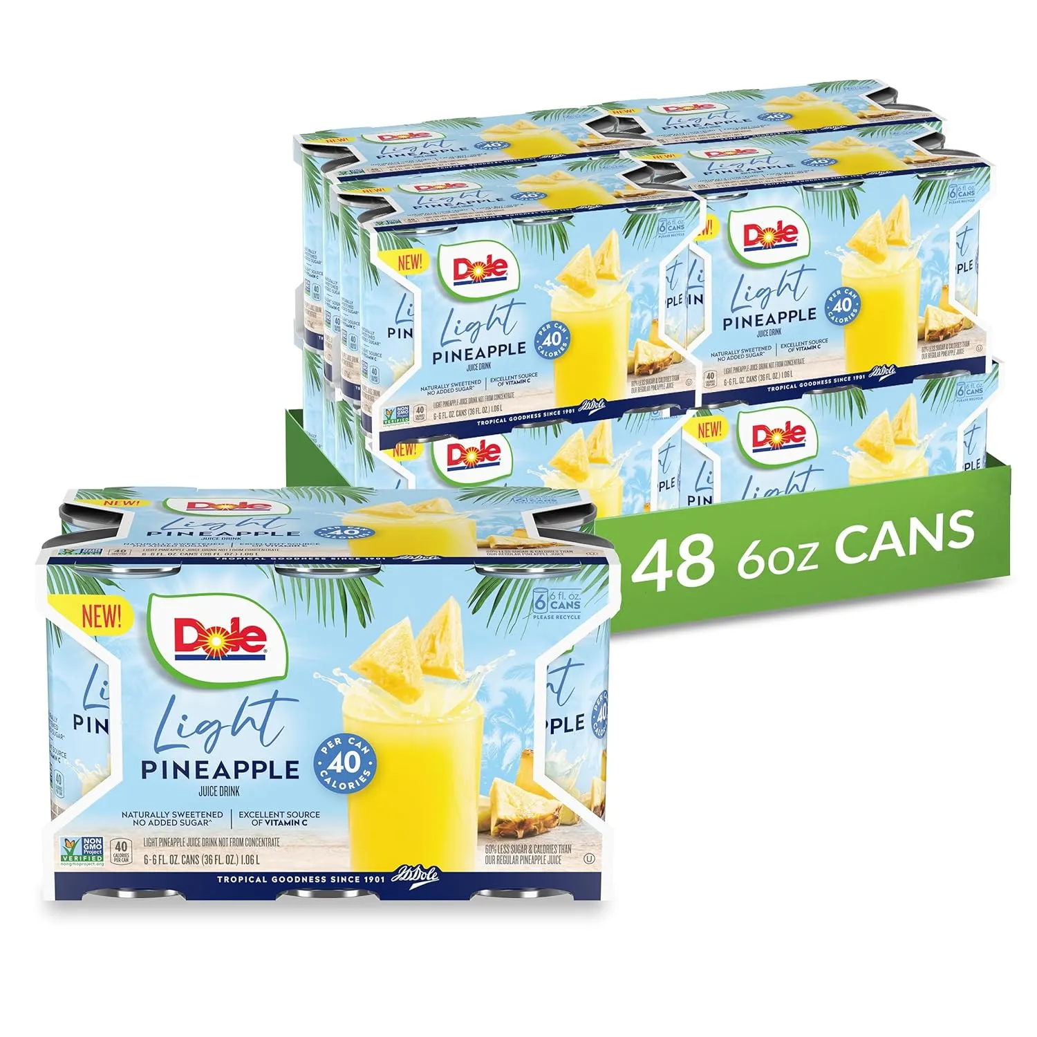Dole Light Pineapple Juice Drink, No Added Sugar, 40 Calories Per Can, Excellent Source of Vitamin C, 100% Fruit Juice, 6 Fl Oz (Pack of 48)