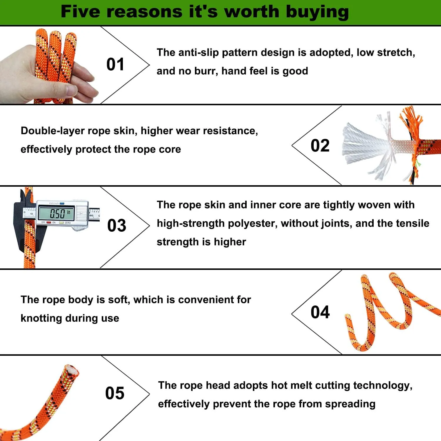 Double Braided Polyester Rope (1/2 in x 200 ft) Strong Arborist Rigging Rope 48 Strands for Tree Work Climbing Pulling Sailing, Orange