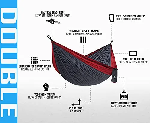 Double Camping Hammock - 10.5x6.5' w/ 9' Tree Straps,2 Carabiners