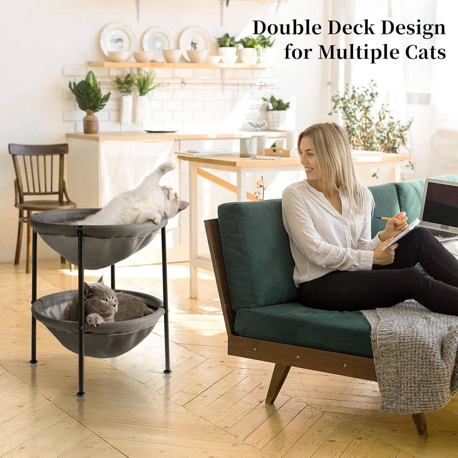Double Cat Bed Grey, Breathable Kitty Bed for 2 Cats with 4 Adjustable Feet & Anti-Slip Mats, Easy Assembly Cat Hammock for Multi-cat Household, Indoors & Outdoors, 22.8 in x18.7 in x 18.7 in