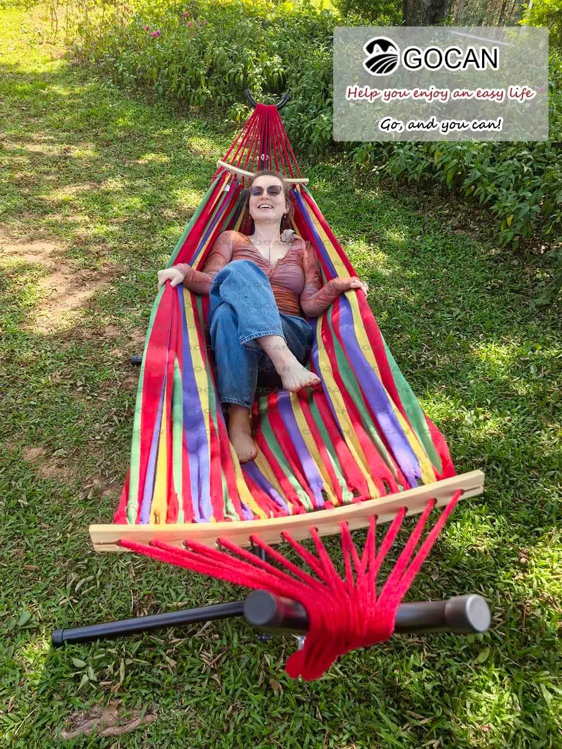 Double Hammock 2 Person Extra Large 220x160cm Total Length 330cm Load 500lb Canvas Cotton Hammock for Patio Porch Garden Backyard Lounging Outdoor and Indoor with Removable Spreader bar