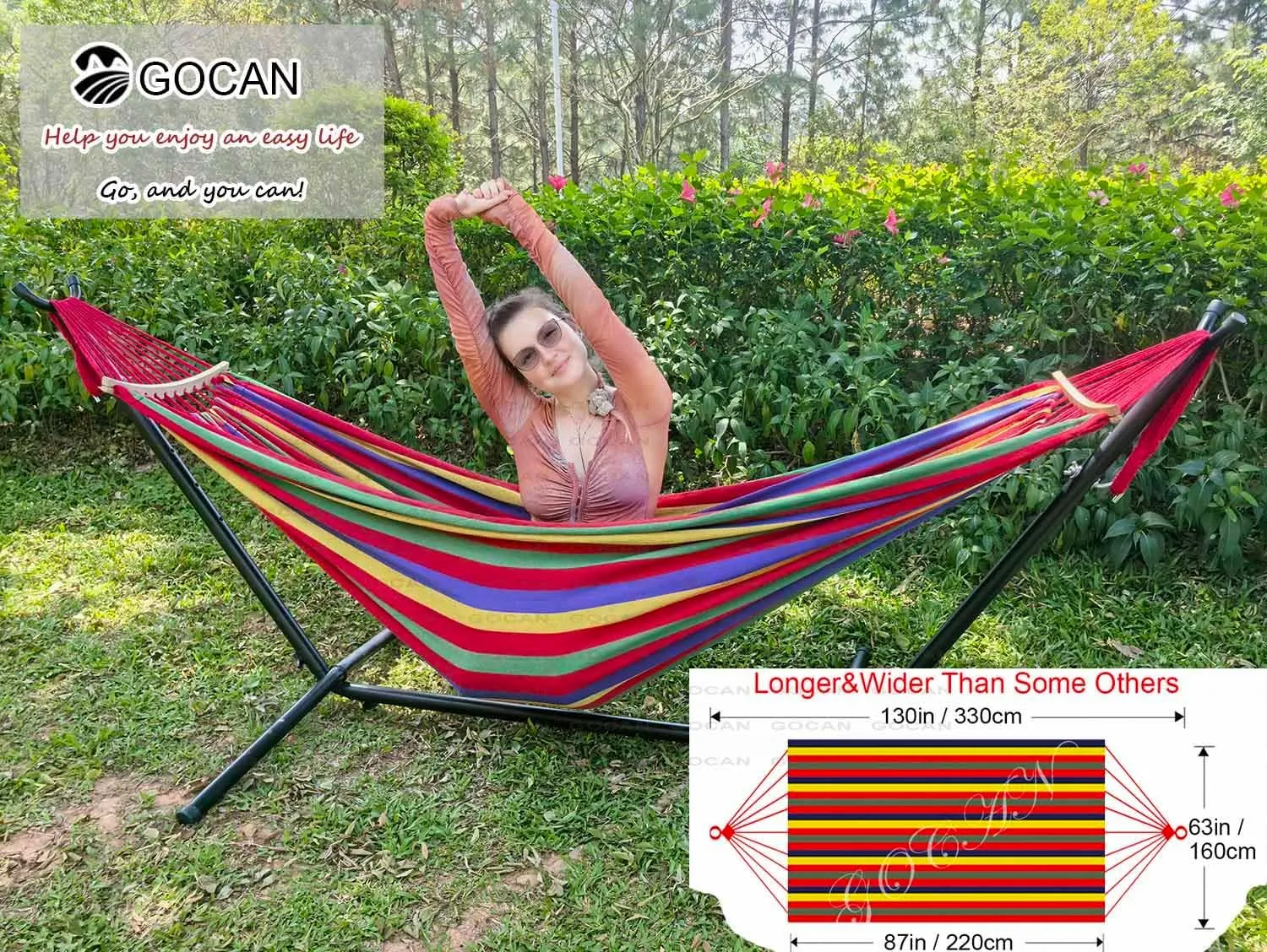 Double Hammock 2 Person Extra Large 220x160cm Total Length 330cm Load 500lb Canvas Cotton Hammock for Patio Porch Garden Backyard Lounging Outdoor and Indoor with Removable Spreader bar