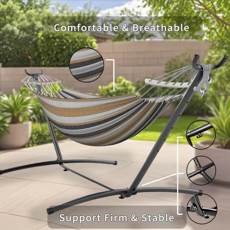 Double Hammock with Stand, 2 Person Hammock with Carrying Bag,Heavy Duty Portable,500 lb Capacity, Perfect for Both Indoors and Outdoors,Coffee