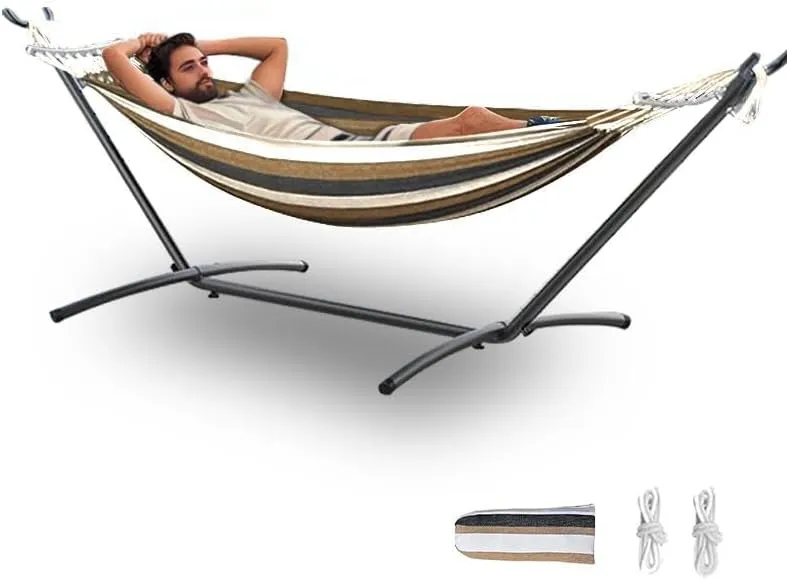 Double Hammock with Stand, 2 Person Hammock with Carrying Bag,Heavy Duty Portable,500 lb Capacity, Perfect for Both Indoors and Outdoors,Coffee