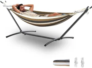 Double Hammock with Stand, 2 Person Hammock with Carrying Bag,Heavy Duty Portable,500 lb Capacity, Perfect for Both Indoors and Outdoors,Coffee