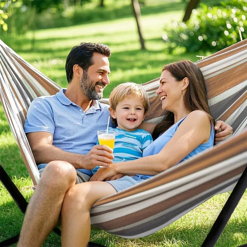 Double Hammock with Stand, 2 Person Hammock with Carrying Bag,Heavy Duty Portable,500 lb Capacity, Perfect for Both Indoors and Outdoors,Coffee