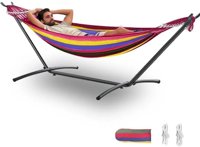 Double Hammock with Stand, 2 Person Hammock with Carrying Bag,Heavy Duty Portable,500 lb Capacity, Perfect for Both Indoors and Outdoors,Wide Red