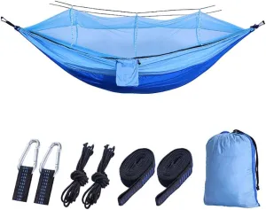 Double Outdoor Hammock,Portable Parachute Hammock Set with Mosquito Net,Heavy Duty Camping Hanging Hammock for Beach Patio Blue 260x140cm
