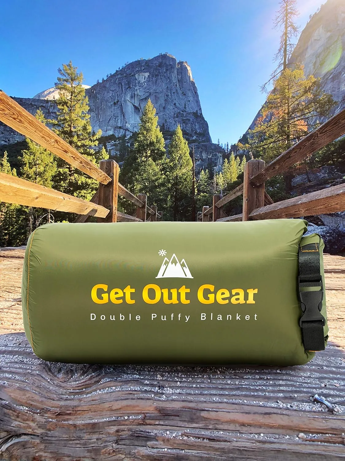 Double Puffy Camping Blanket - Extra Puffy, Packable, Lightweight and Warm | Ideal for Outdoors, Travel, Stadium, Festivals, Beach, Hammock | Water-Resistant Camp Quilt (Olive/Orange)