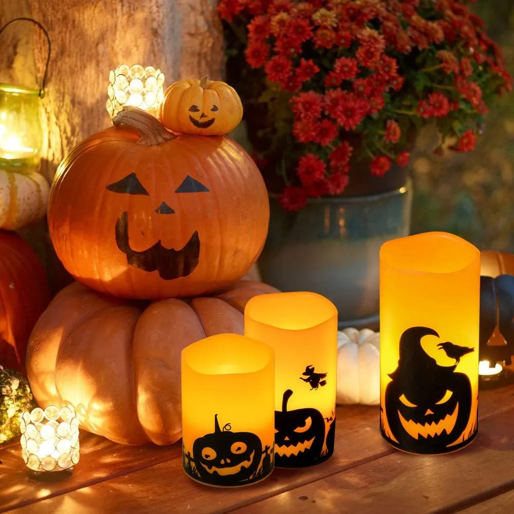 DRomance Pumpkin Flameless Candles Battery Operated with 6 Hour Timer, Set of 3 Real Wax LED Flickering Pillar Candles Spooky Halloween Decor Candle(3 x 4, 5, 6 Inches)
