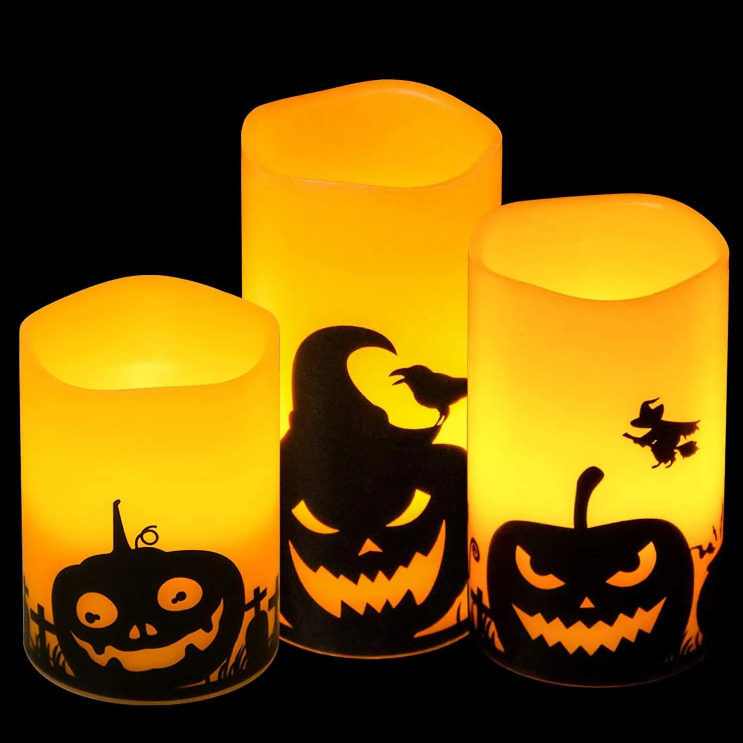 DRomance Pumpkin Flameless Candles Battery Operated with 6 Hour Timer, Set of 3 Real Wax LED Flickering Pillar Candles Spooky Halloween Decor Candle(3 x 4, 5, 6 Inches)