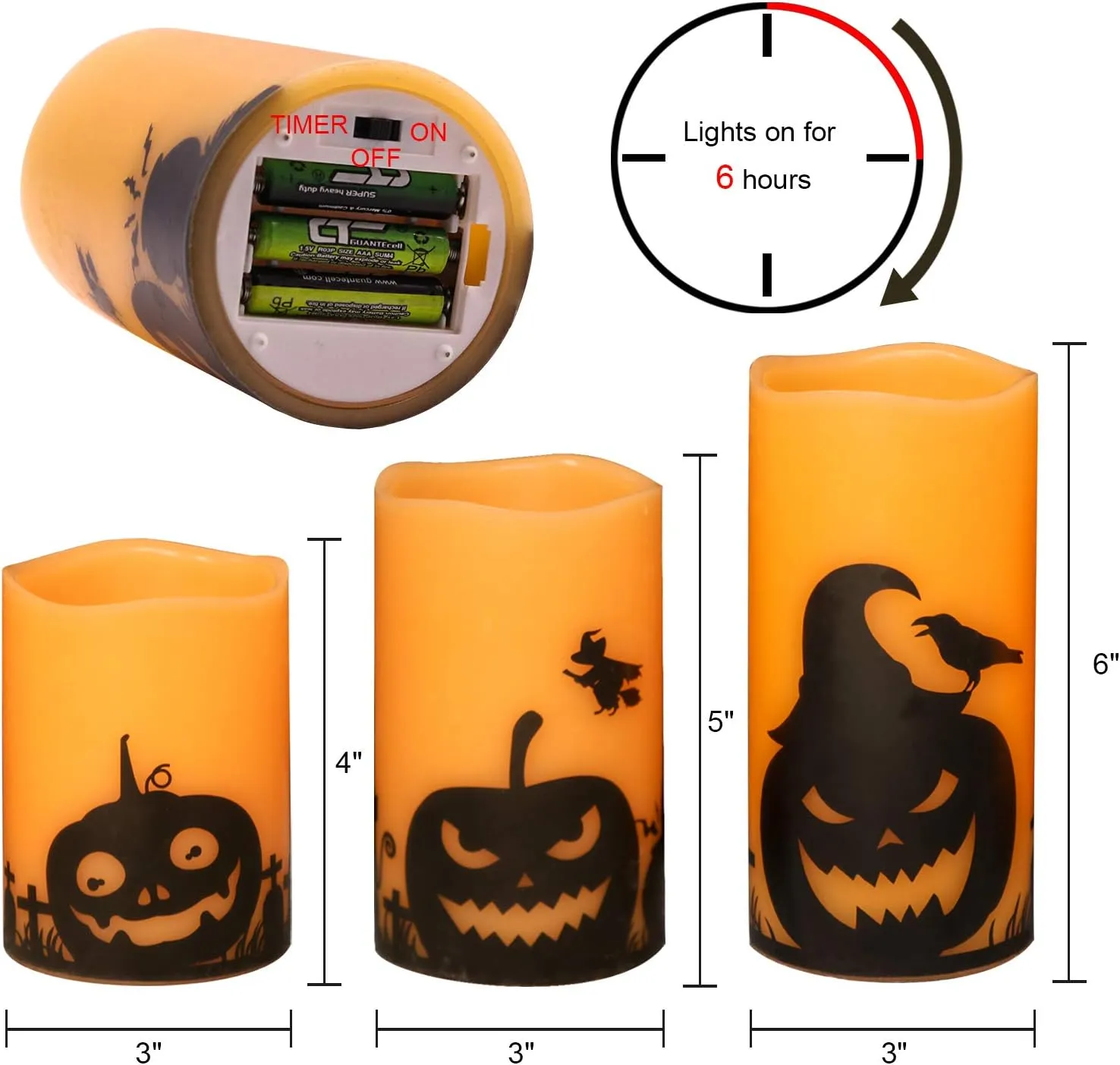 DRomance Pumpkin Flameless Candles Battery Operated with 6 Hour Timer, Set of 3 Real Wax LED Flickering Pillar Candles Spooky Halloween Decor Candle(3 x 4, 5, 6 Inches)