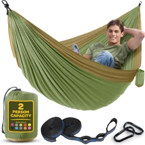 Durable Hammock 500 lb Capacity, Nylon Camping Hammock Chair - Double or Single Sizes w/Tree Straps and Attached Carry Bag - Portable for Travel/Backpacking/Beach/Backyard (Large, Khaki & Army Green)