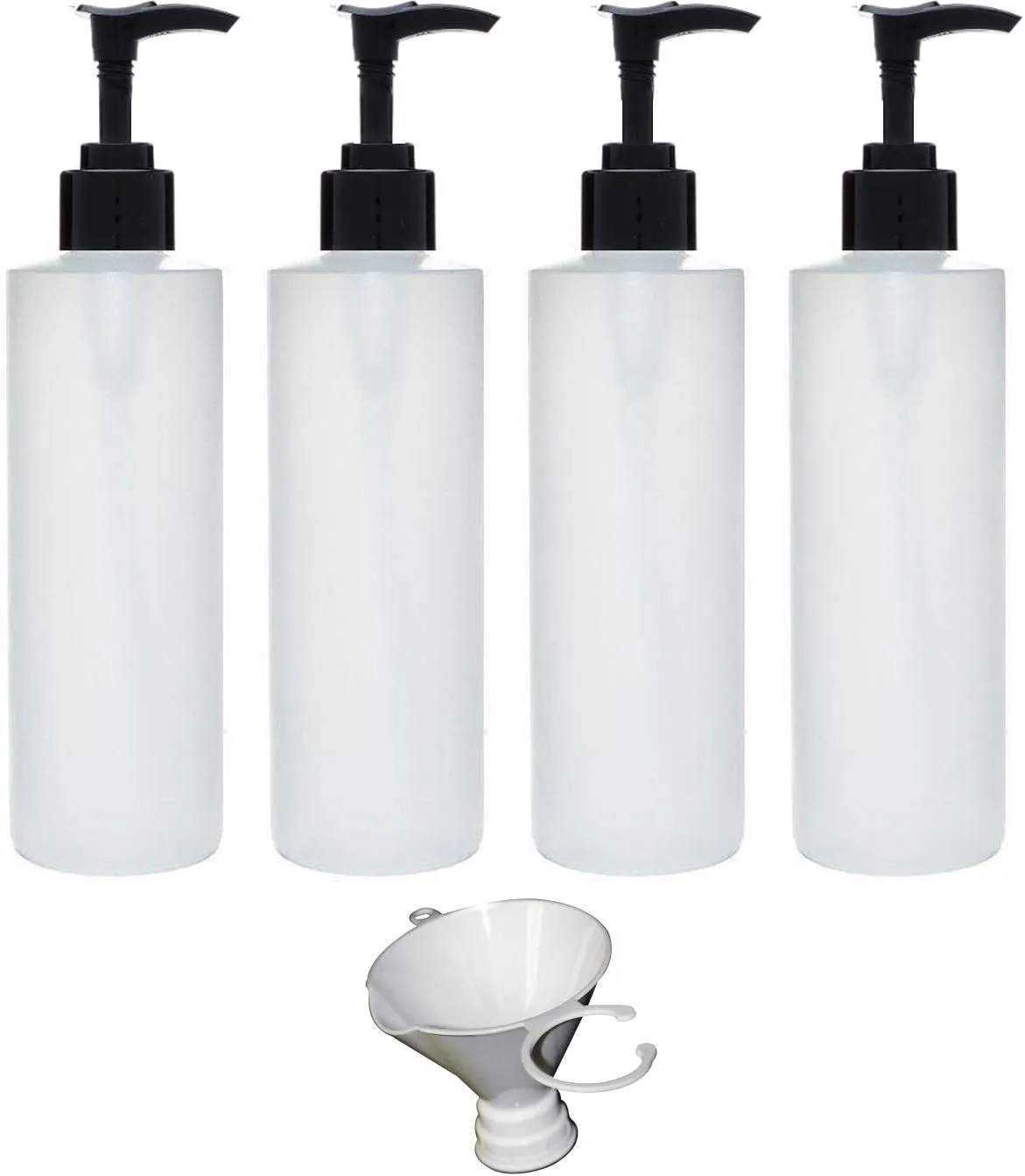 Earth's Essentials Four Pack Of Refillable 8 Oz. HDPE Plastic Pump Bottles With Patented Screw On Funnel-Great For Dispensing Lotions, Shampoos and Massage Oils.