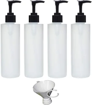 Earth's Essentials Four Pack Of Refillable 8 Oz. HDPE Plastic Pump Bottles With Patented Screw On Funnel-Great For Dispensing Lotions, Shampoos and Massage Oils.