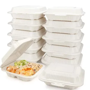 Eco Friendly 3 Compartment 100 Count 8"x8" To Go Food Containers - To Go Containers Disposable, Take Out Food Containers, To Go Boxes for Food, Clamshell Food Container, Heavy Duty To Go Box