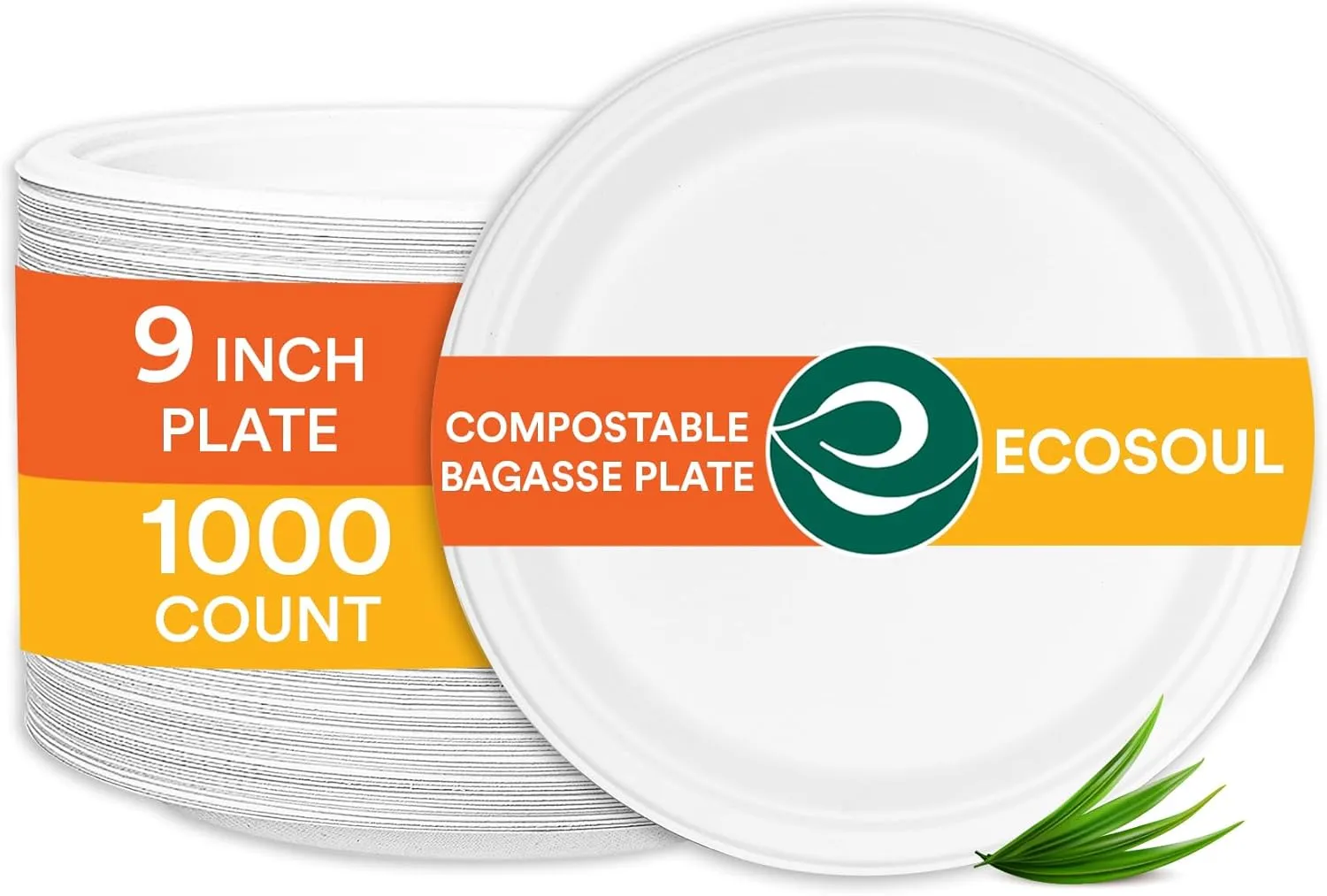 ECO SOUL Pearl White 9 Inch 1000 [8x125 Pc] Paper Plates | 100% Compostable Disposable Bagasse I Heavy Duty Eco-Friendly Dinner Plates I Biodegradable Sugarcane Eco | Microwavable