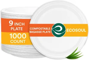 ECO SOUL Pearl White 9 Inch 1000 [8x125 Pc] Paper Plates | 100% Compostable Disposable Bagasse I Heavy Duty Eco-Friendly Dinner Plates I Biodegradable Sugarcane Eco | Microwavable
