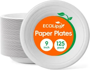 ECOLipak 125 Pack Paper Plates 9 inch 100% Compostable Plates Heavy-Duty Dinner Plates Disposable Bagasse Deep Dish Natural Biodegradable Eco-Friendly Sugarcane Plates(White)
