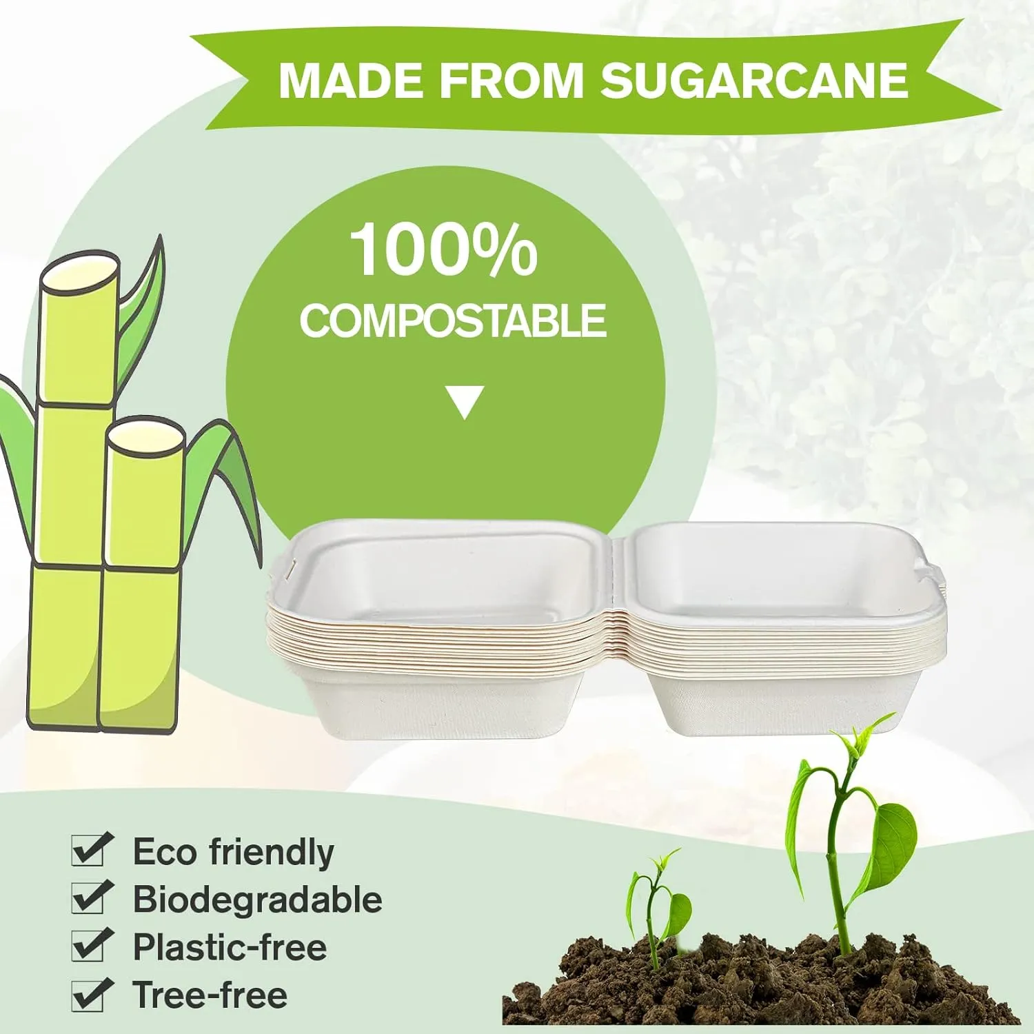 ECOLipak 200 Pack Clamshell Take Out Food Containers, 100% Compostable Disposable To Go Containers，6 * 6 inch To Go Boxes for Salad, Cake,Sandwiches