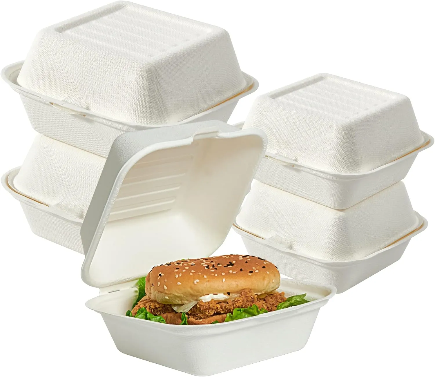 ECOLipak 200 Pack Clamshell Take Out Food Containers, 100% Compostable Disposable To Go Containers，6 * 6 inch To Go Boxes for Salad, Cake,Sandwiches